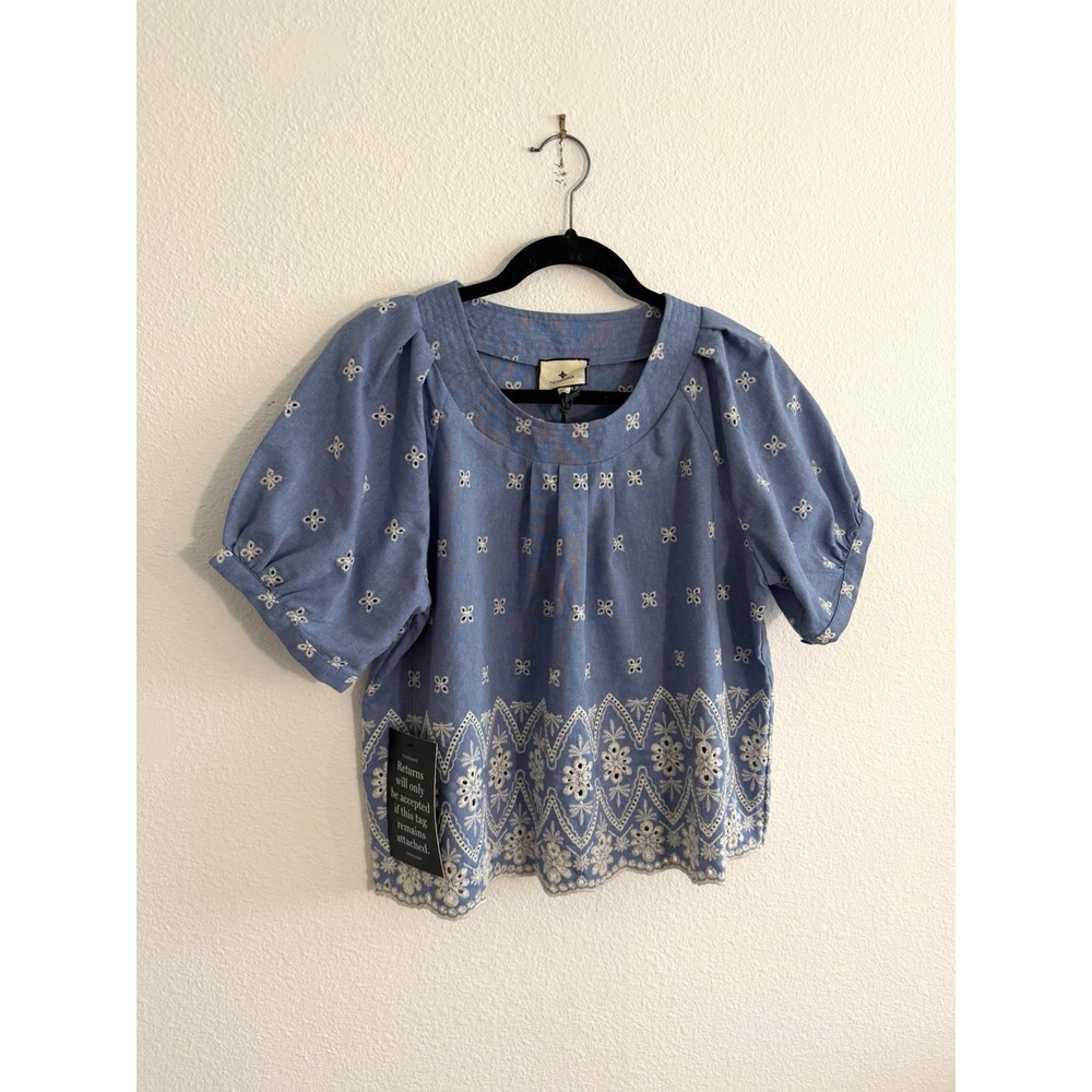 Tuckernuck Chambray Embroidered Top NWT Sz M Puff Sleeve Preppy Modest Cottage - Picture 7 of 11